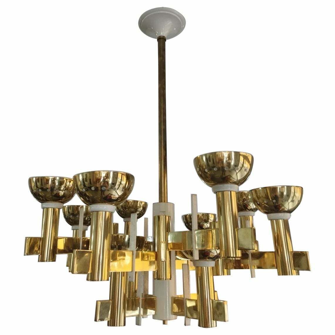 1960s Mid Century Modern Brass And White Painted Metal Chandelier