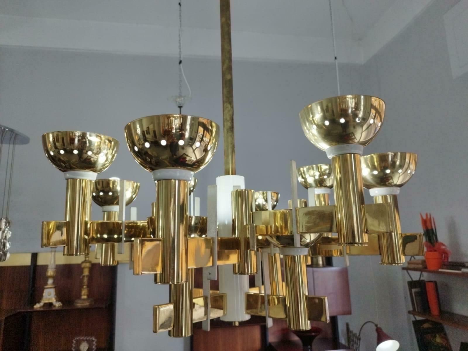 1960s Mid Century Modern Brass And White Painted Metal Chandelier photo Lighting
