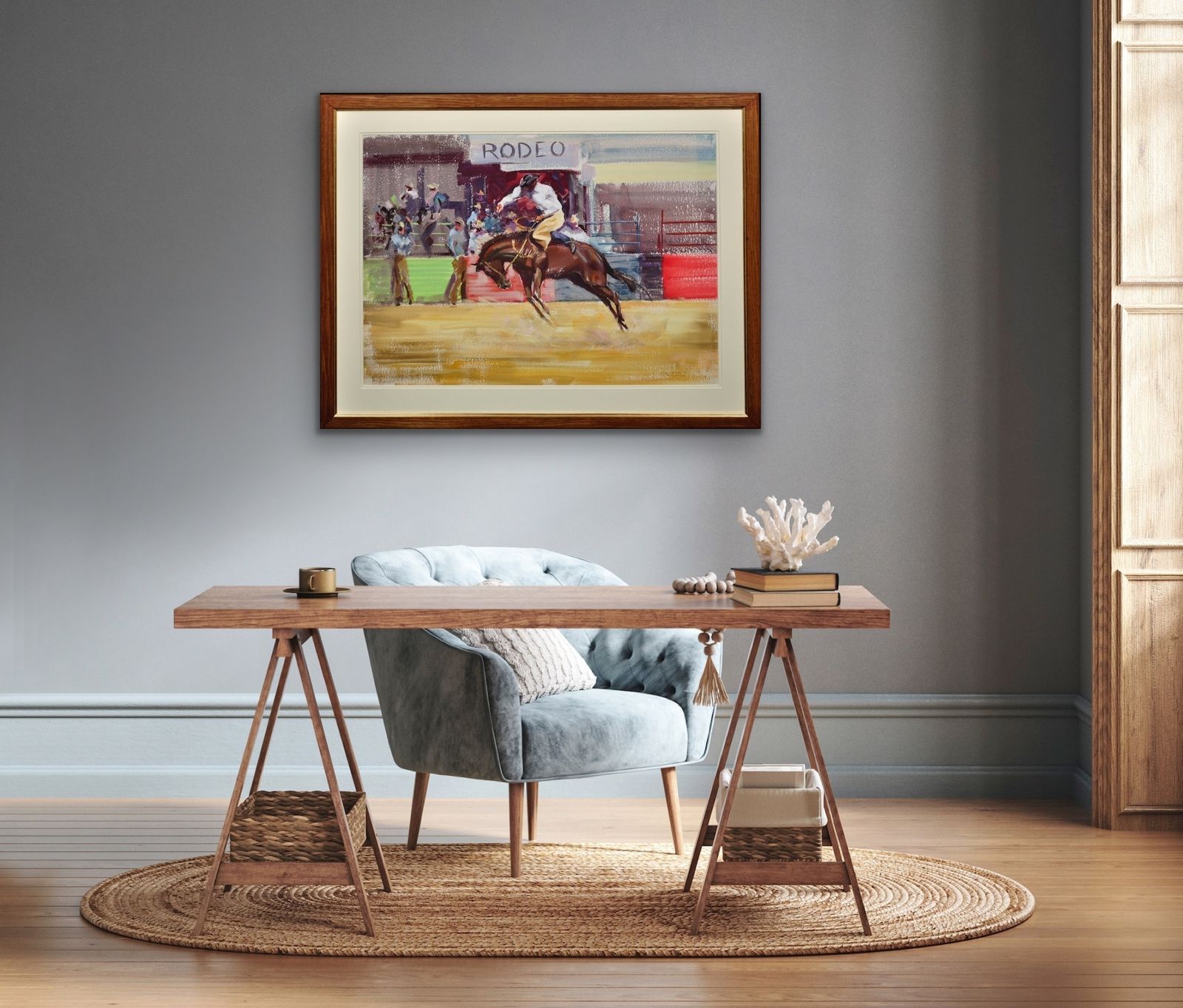 John Rattenbury Skeaping 1901 To 1980. Rodeo. Bareback Bronco, 1966. Framed Mid 20th Century Horse Painting. Cowboy On A Bucking Horse. photo buy
