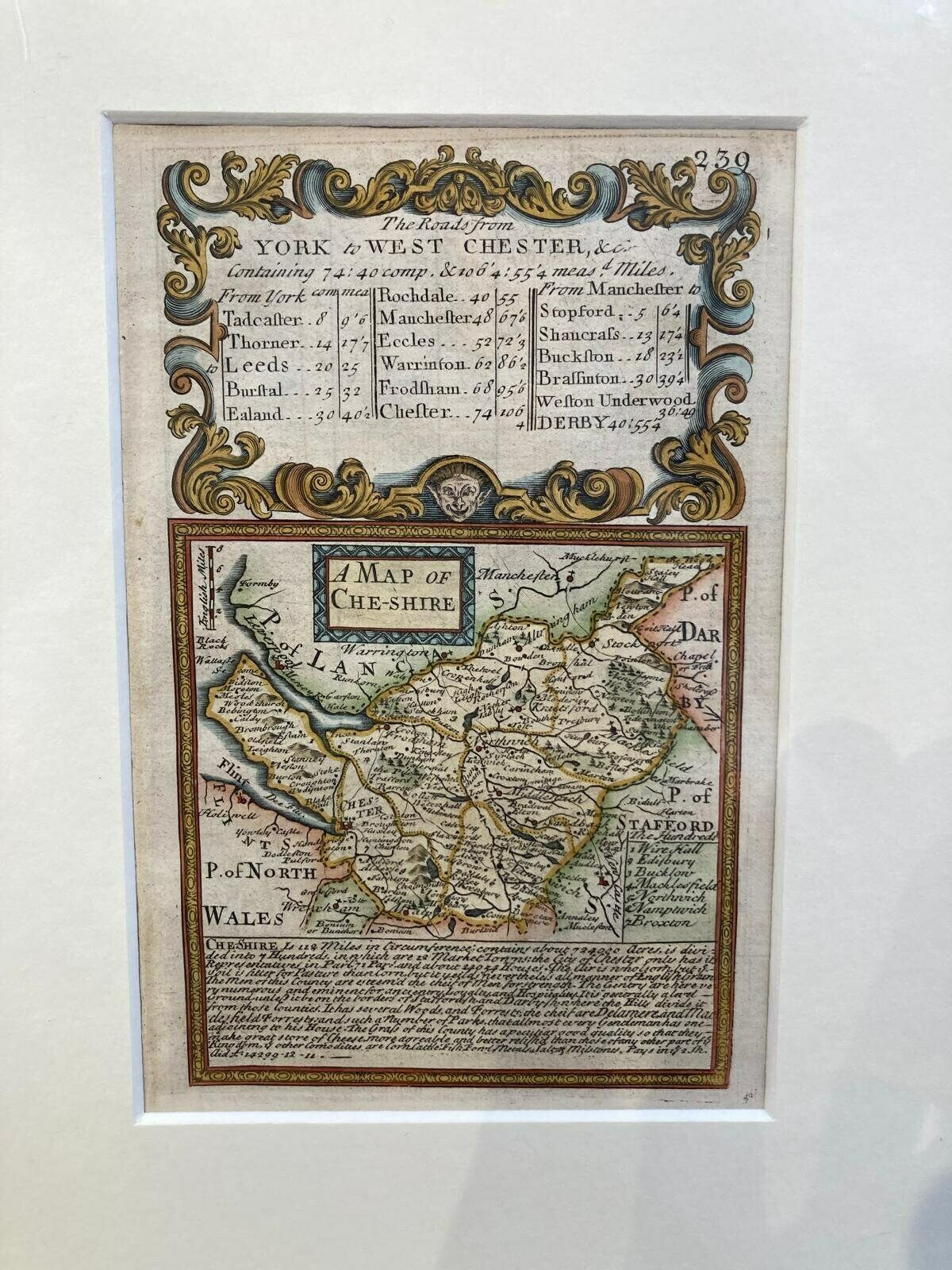 Antique Map Of Cheshire C.1720 By Emanuel Bowen & John Owen   Hand Coloured   Over 300 Years Old Vintage Historical Décor photo for sale