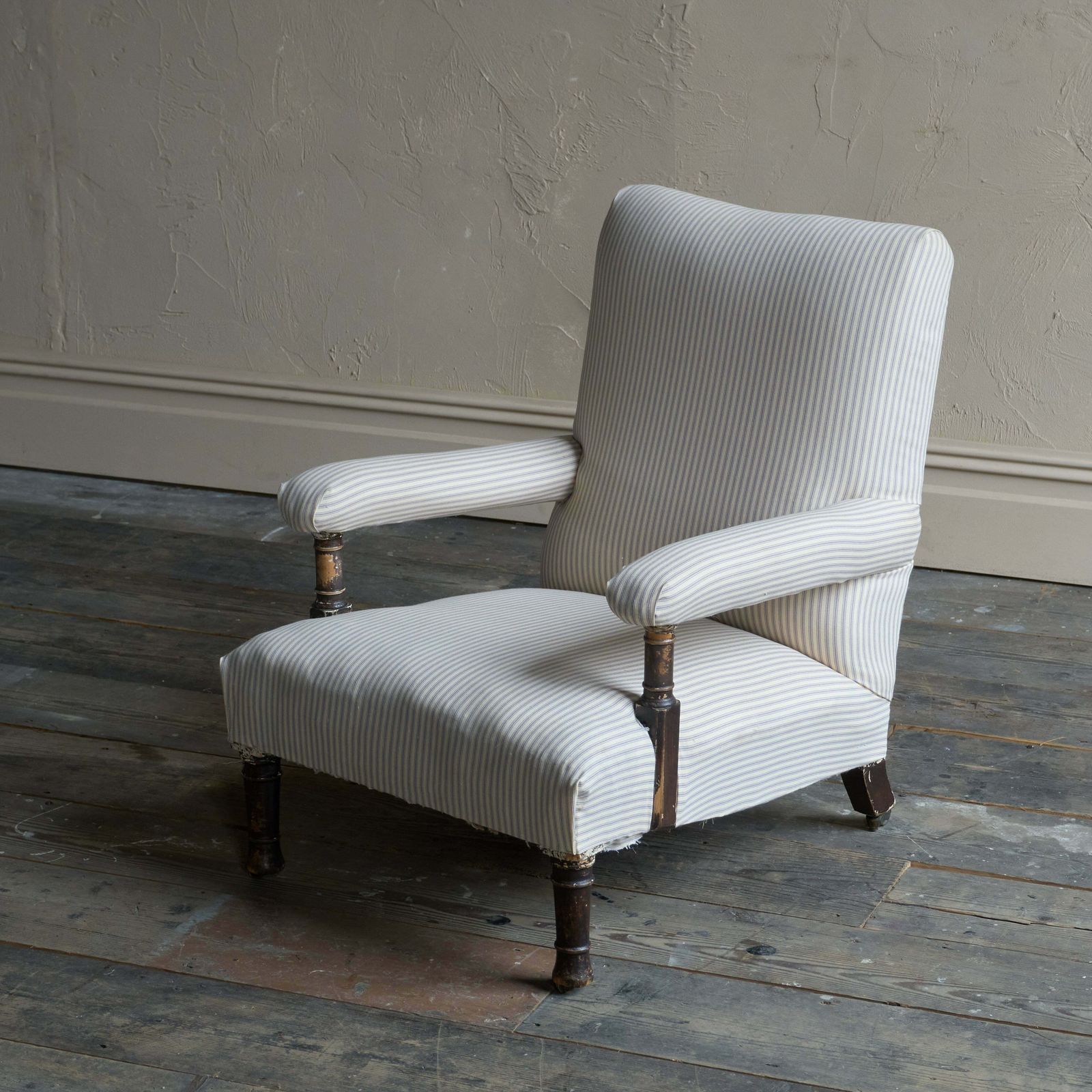 Antique Open Armchair   Blue Stripe Ticking photo 1720.0