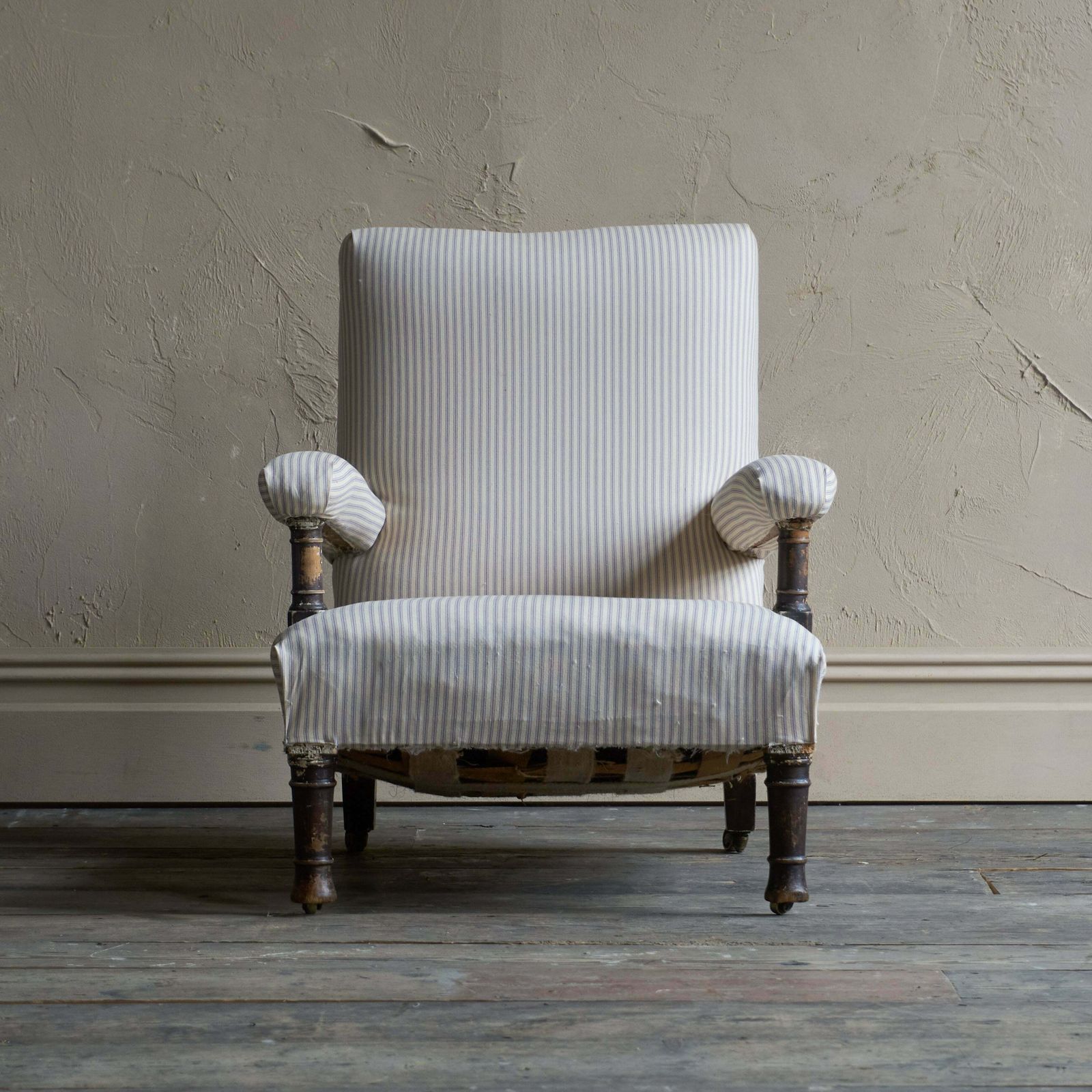 Antique Open Armchair   Blue Stripe Ticking photo vinterior