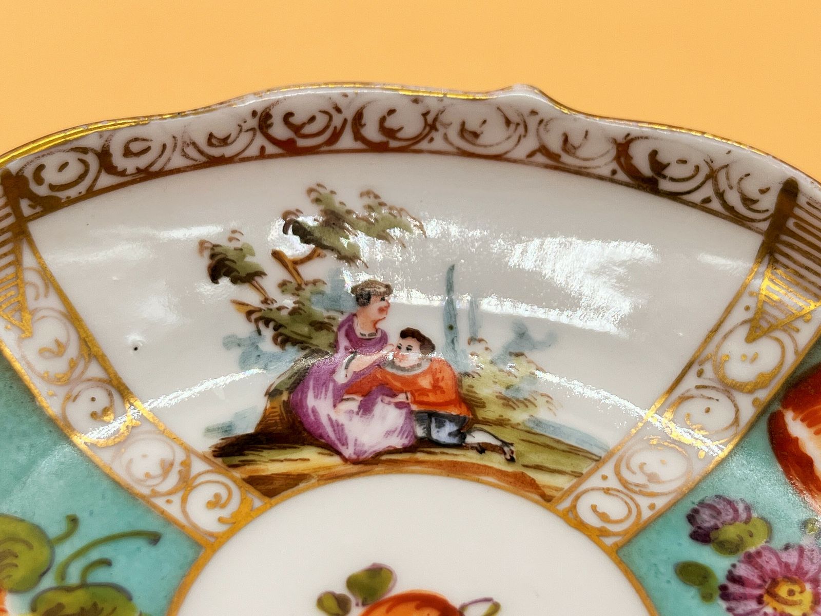 Antique Meissen Porcelain Helena Wolfsohn Watteau Scenes Quatrefoil Cup And Saucer Duo. C1820's. photo vinterior