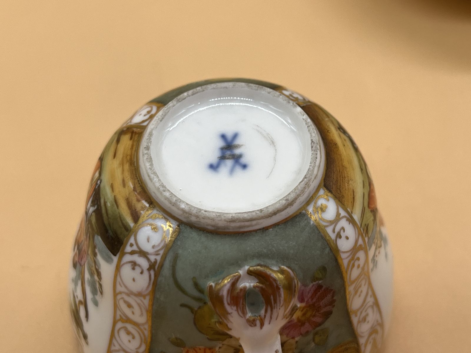 Antique Meissen Porcelain Helena Wolfsohn Watteau Scenes Quatrefoil Cup And Saucer Duo. C1820's. photo vintage