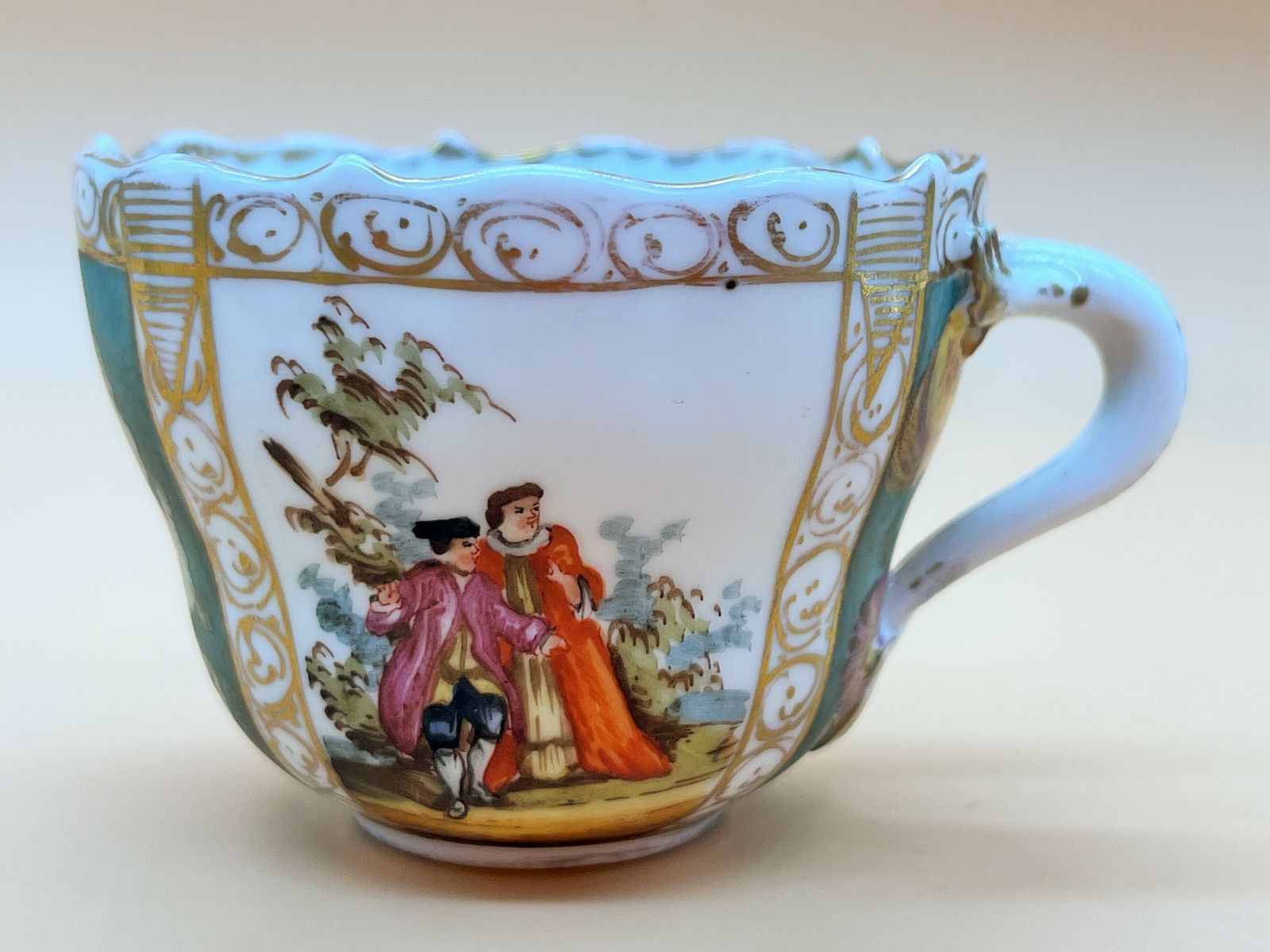 photo furniture Antique Meissen Porcelain Helena Wolfsohn Watteau Scenes Quatrefoil Cup And Saucer Duo. C1820's.