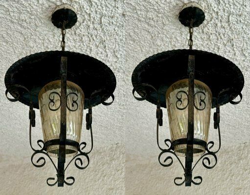 French Iron And Tole Glass Paneled Lantern, 1970s, Set Of 2