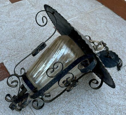 French Iron And Tole Glass Paneled Lantern, 1970s, Set Of 2 photo buy