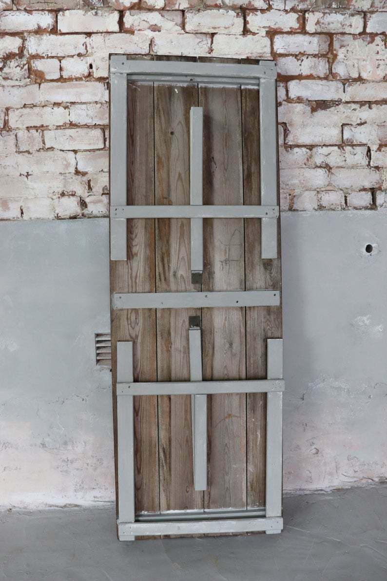 Vintage Pine Trestle Table, Aged Plank Top And French Grey Painted Folding Legs photo for sale