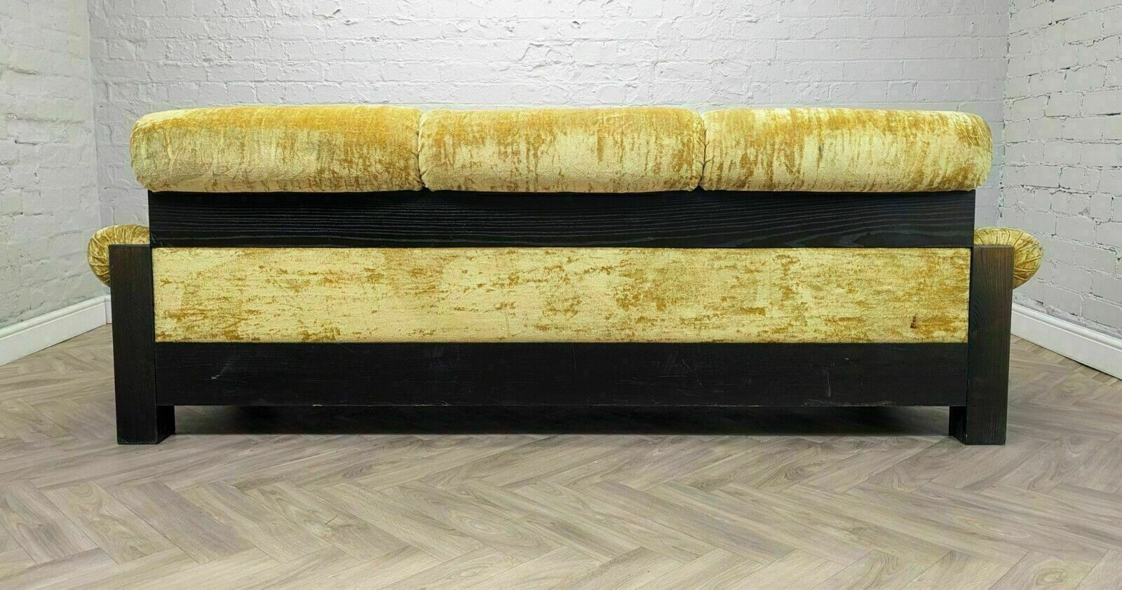 Mid Century Vintage Swedish Crushed Yellow Velour & Beech 3 Seater Sofa 1970s photo Furniture