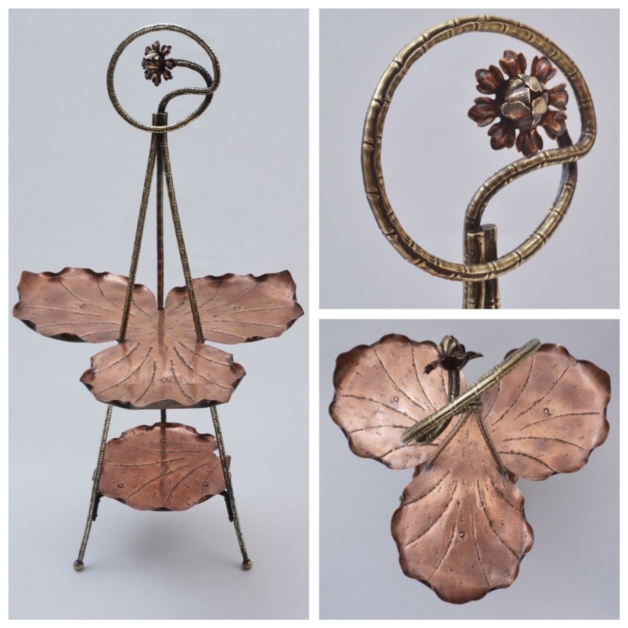 Antique Aesthetic Movement Cake Stand/Display Side Table By Townshend Of Birmingham, Copper Acanthus Leaf Pattern & Brass Bamboo, 1880's Ca, English