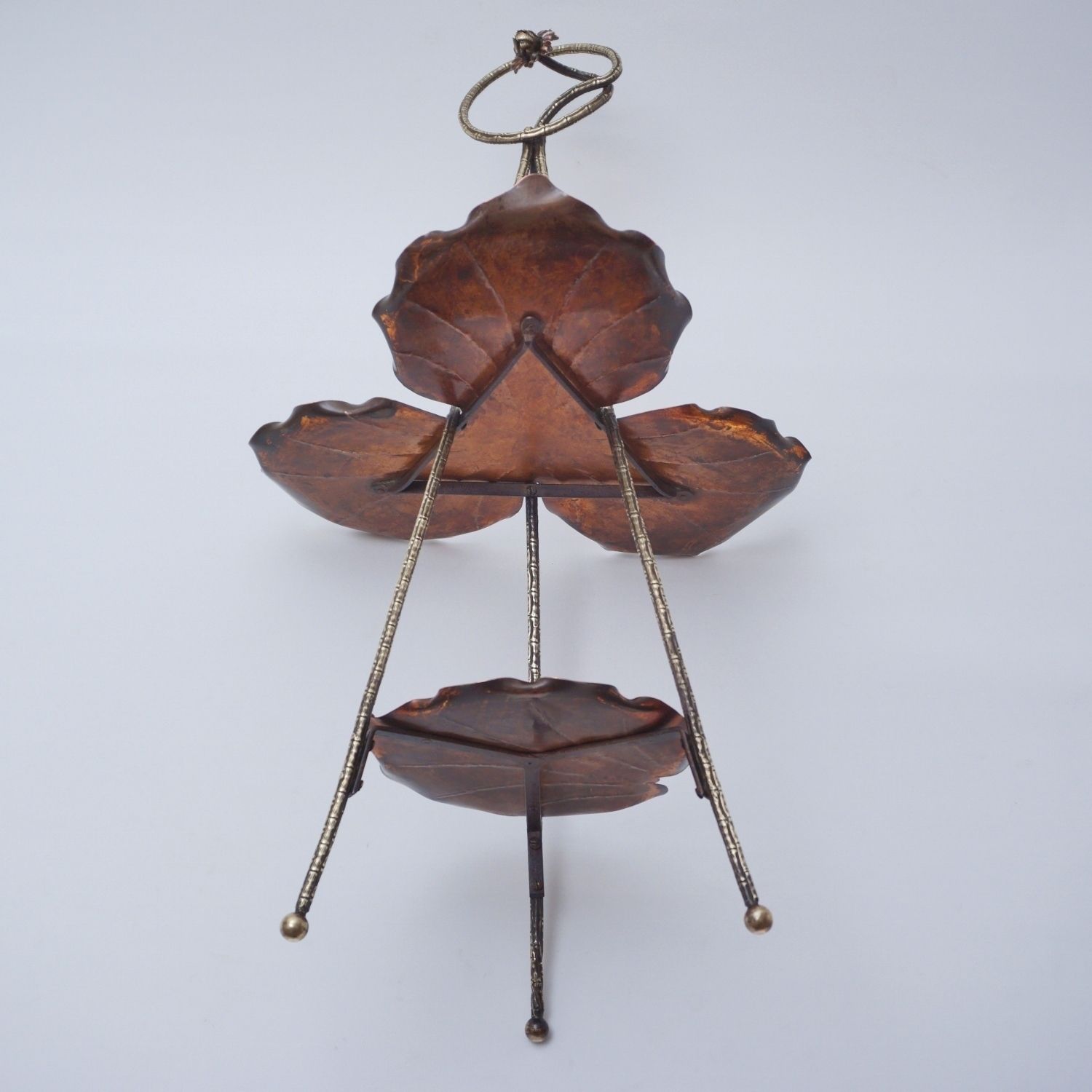 Furniture Antique Aesthetic Movement Cake Stand/Display Side Table By Townshend Of Birmingham, Copper Acanthus Leaf Pattern & Brass Bamboo, 1880's Ca, English photo