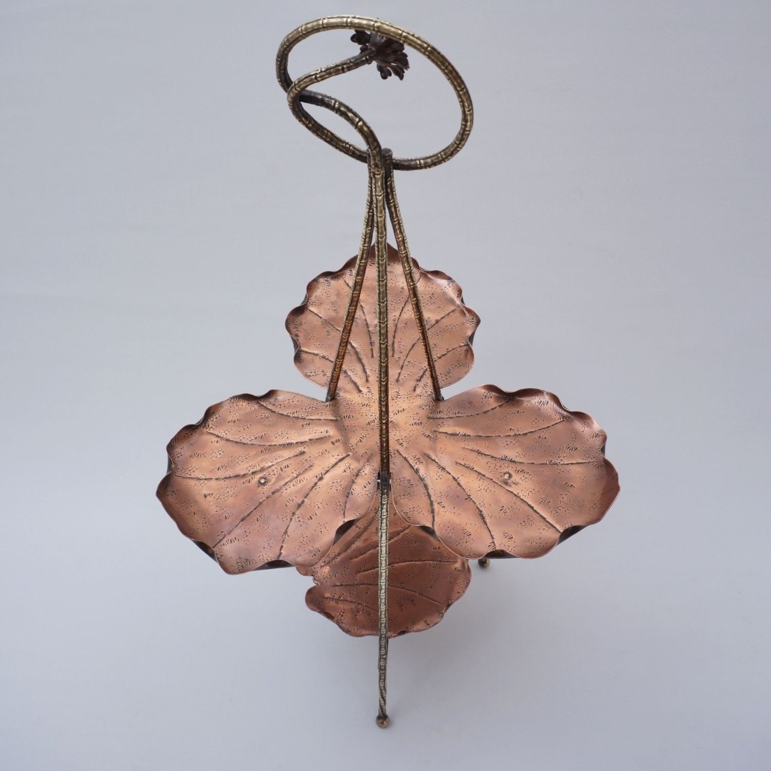 790.0 Antique Aesthetic Movement Cake Stand/Display Side Table By Townshend Of Birmingham, Copper Acanthus Leaf Pattern & Brass Bamboo, 1880's Ca, English photo