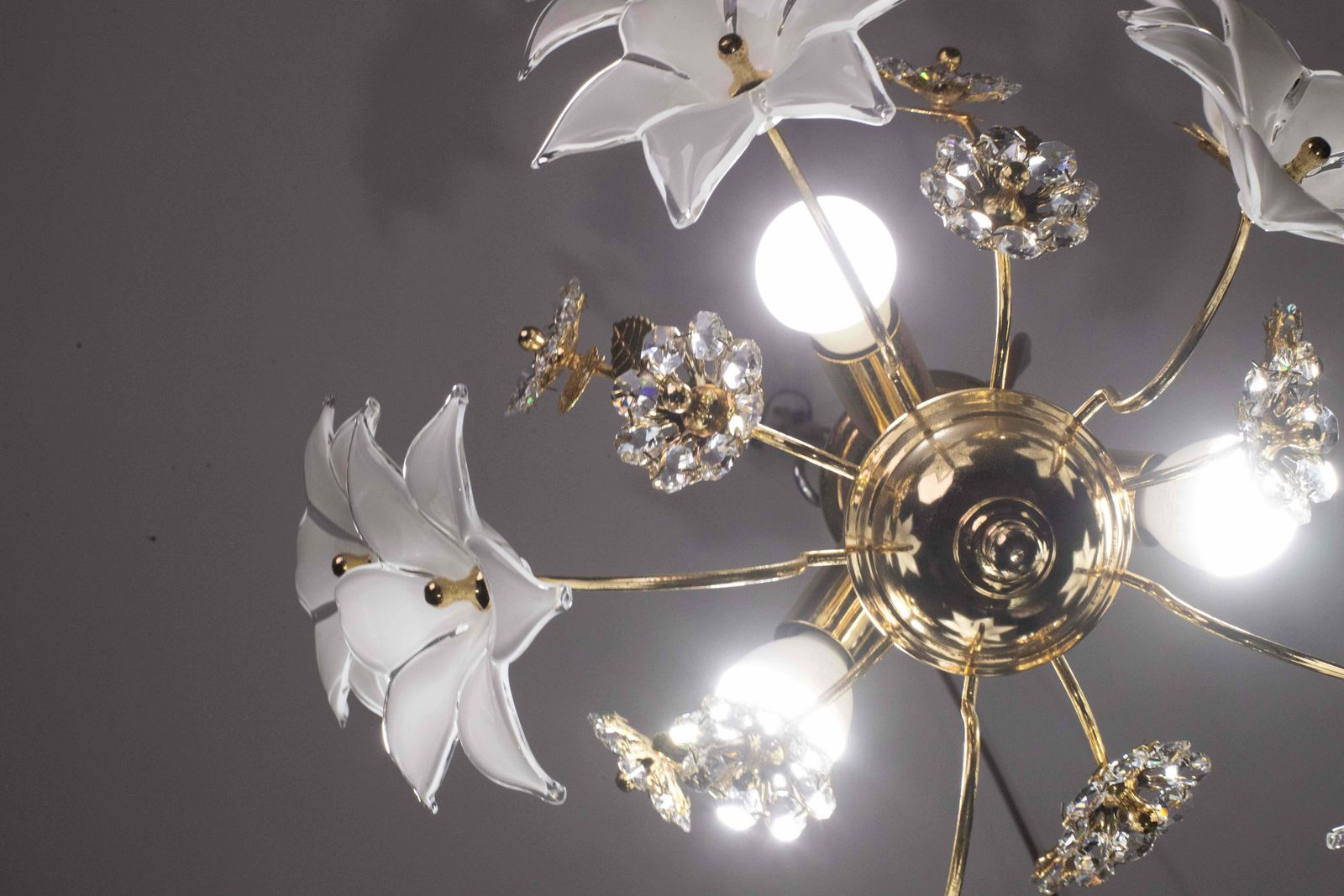 Charming Murano And Crystal Glass Vintage Ceiling Light White Flowers, 1970s photo vinterior