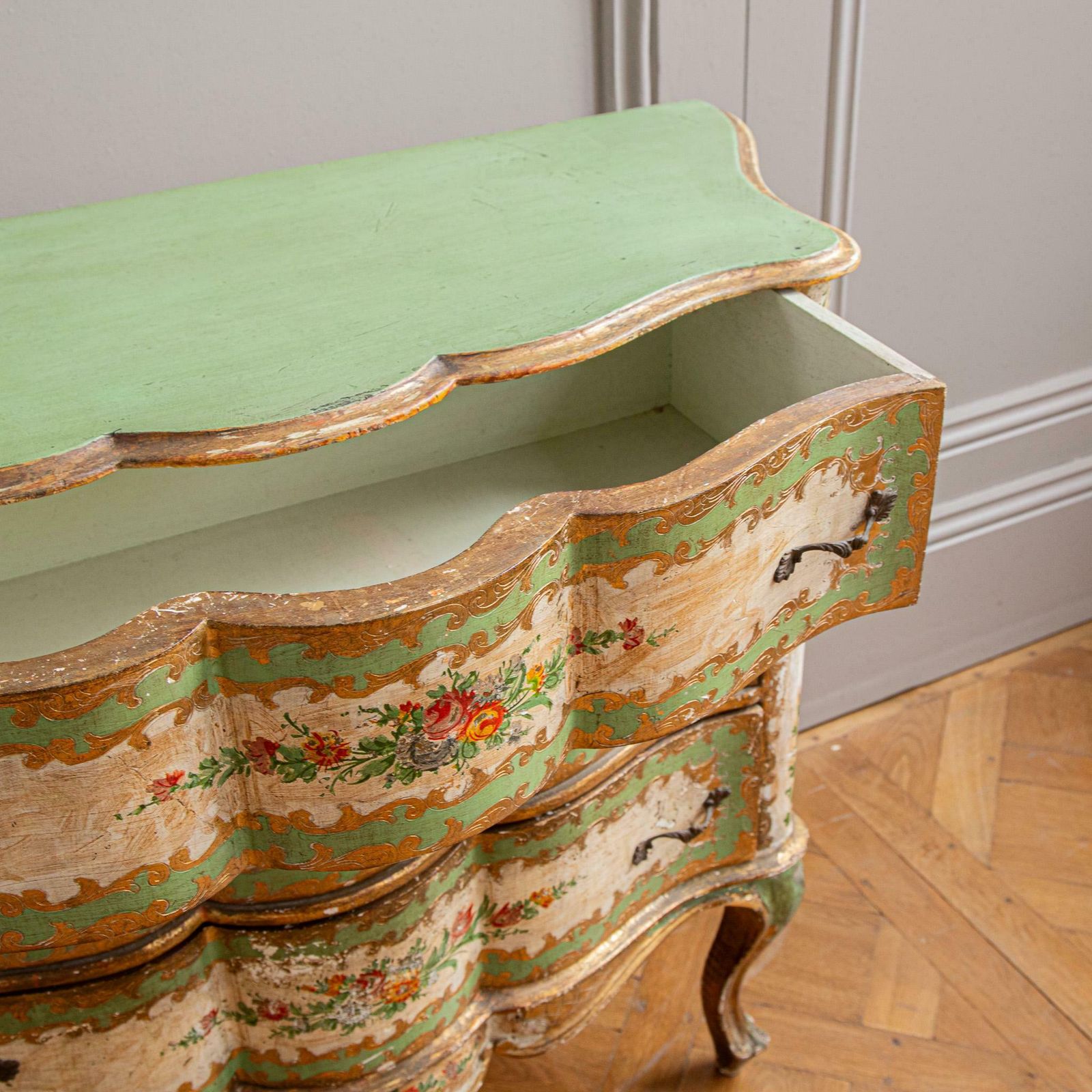 Serpentine Commode, 18th Century Style Italian Floral Painted And Gilt photo buy