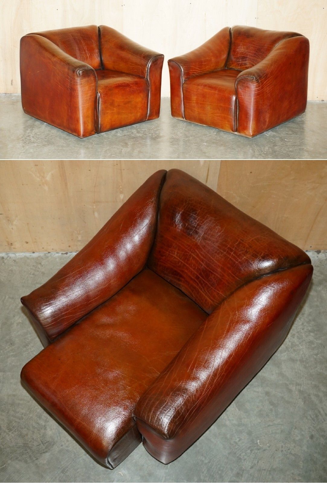 Pair Of Restored De Sede Ds47 Reclining Brown Buffalo Neck Leather Armchairs