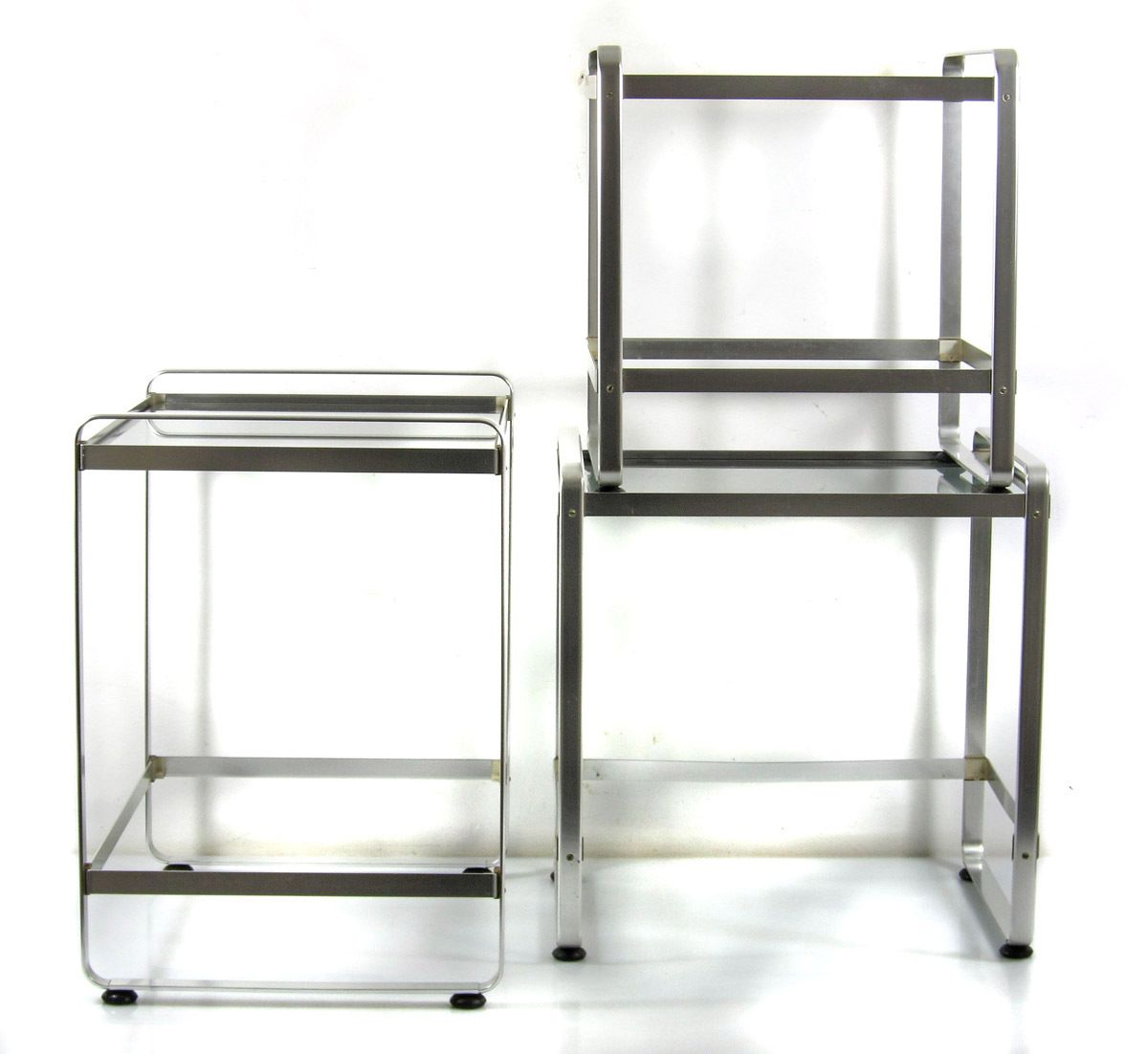 Set Of 3 Seventies Aluminium Minimal Design Glass Nesting Tables photo vintage