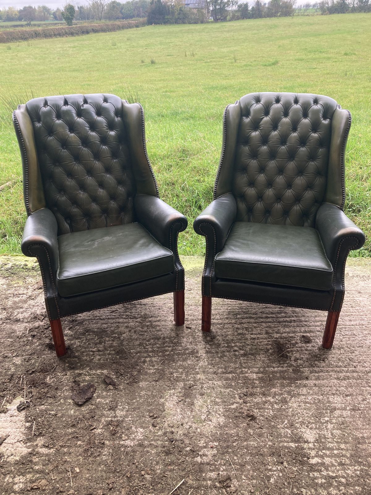 Pair Of Chesterfield Leather Wingback, Queen Anne Style Lounge Chairs photo furniture