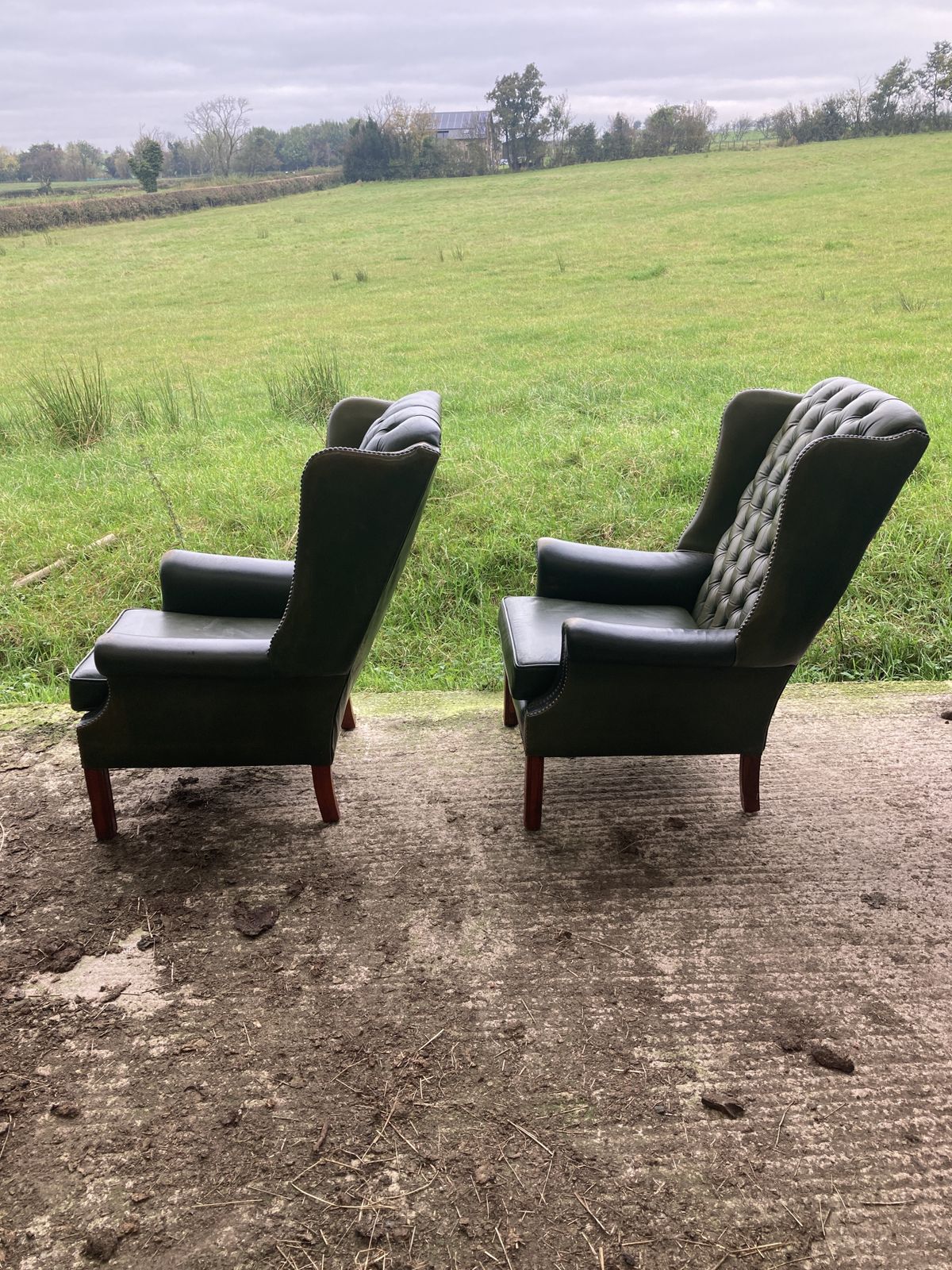 Pair Of Chesterfield Leather Wingback, Queen Anne Style Lounge Chairs photo vinterior