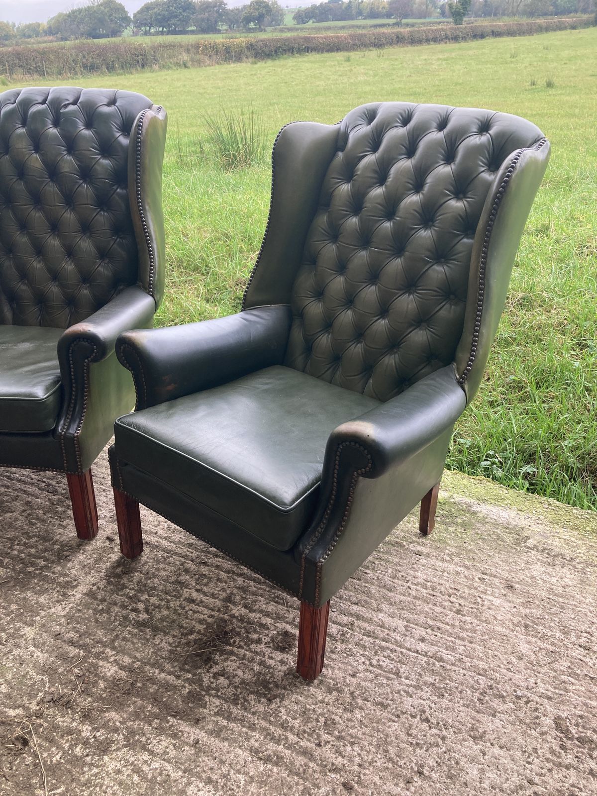 Pair Of Chesterfield Leather Wingback, Queen Anne Style Lounge Chairs photo buy