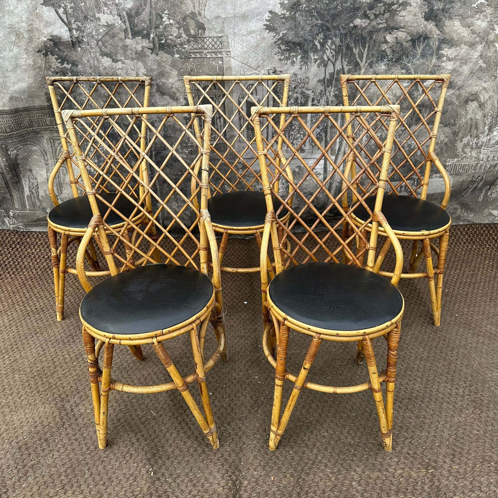 Vintage French Mid Century Bamboo Dining Chairs – Set Of 5, 1960s Authentic