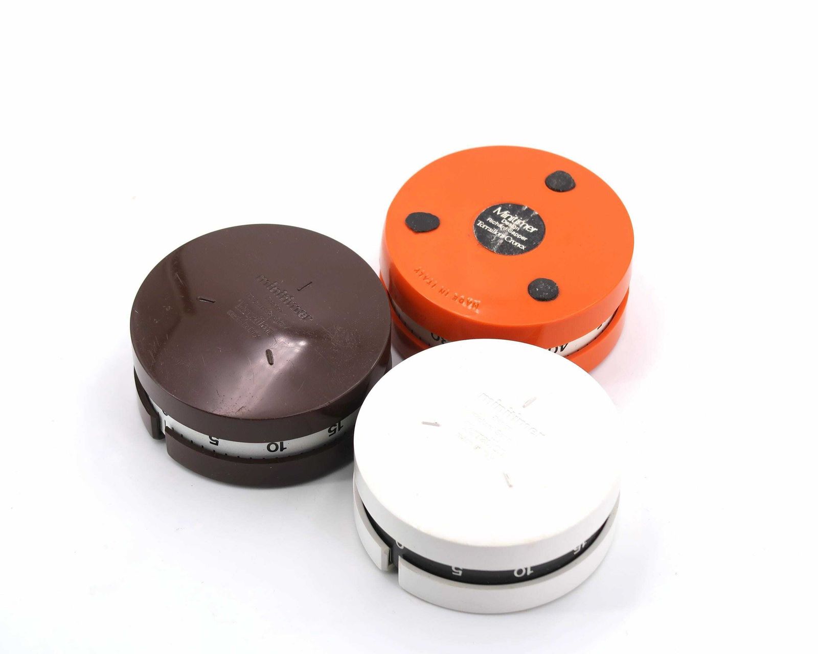 Set Of 3 "Minitimer" Timers Terraillon By Richard Sapper, 1970s / Design, Moma Collection, Pop, Orange, Brown, White photo for sale