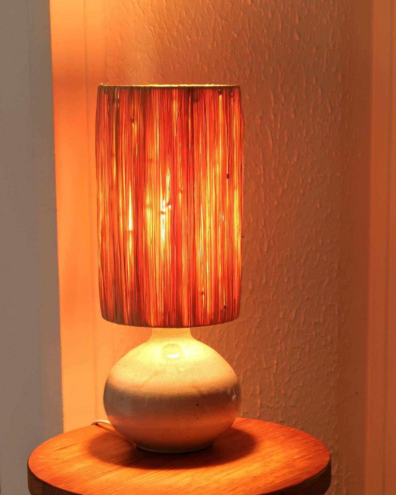 French Potter Ceramic Table Lamp, Raffia Lampshade, 1970s / Stoneware, Vintage, Beige, Pale Green, Grey, Boho Chic, Lighting photo furniture