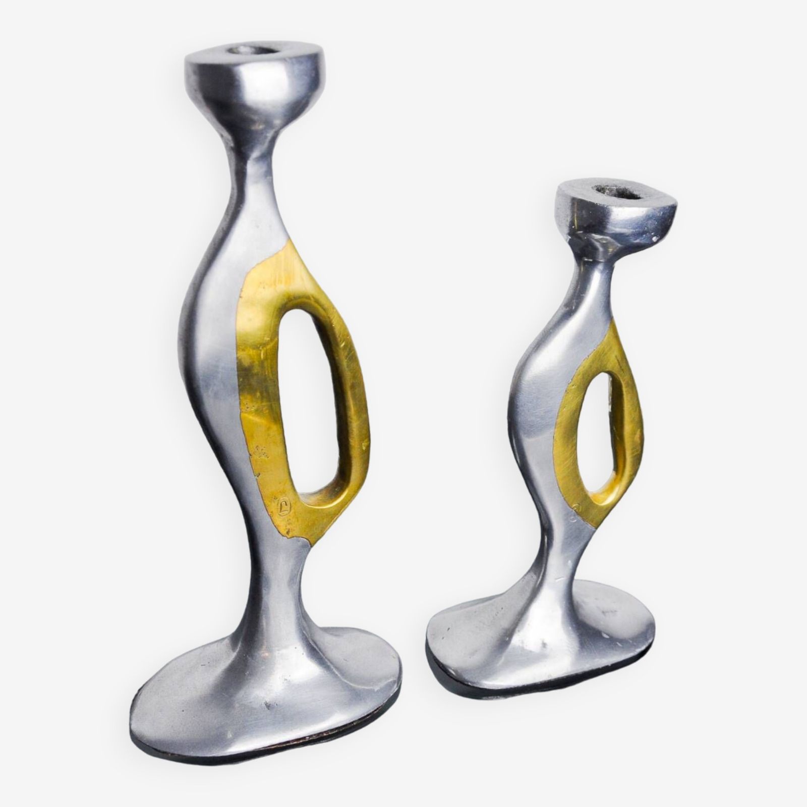 Pair Of Brutalist Candlesticks By Léopold, Bronze And Aluminum, Spain, 1970