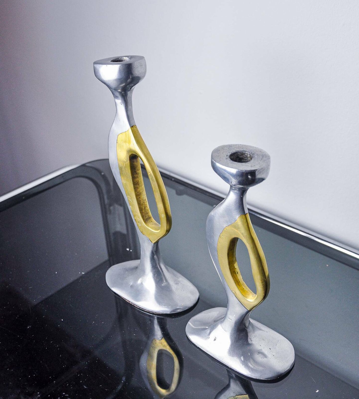 Pair Of Brutalist Candlesticks By Léopold, Bronze And Aluminum, Spain, 1970 photo for sale