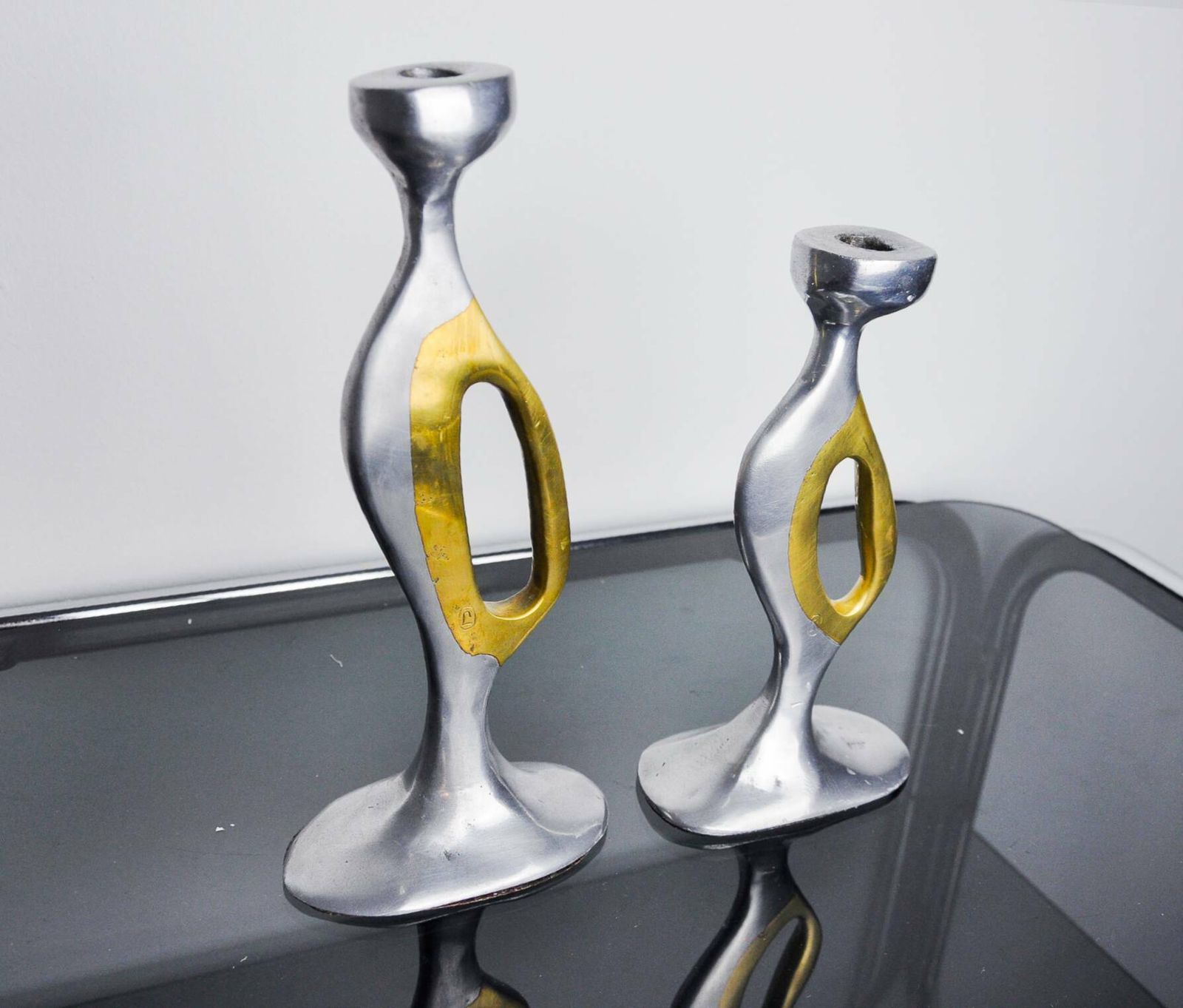 Pair Of Brutalist Candlesticks By Léopold, Bronze And Aluminum, Spain, 1970 photo vintage