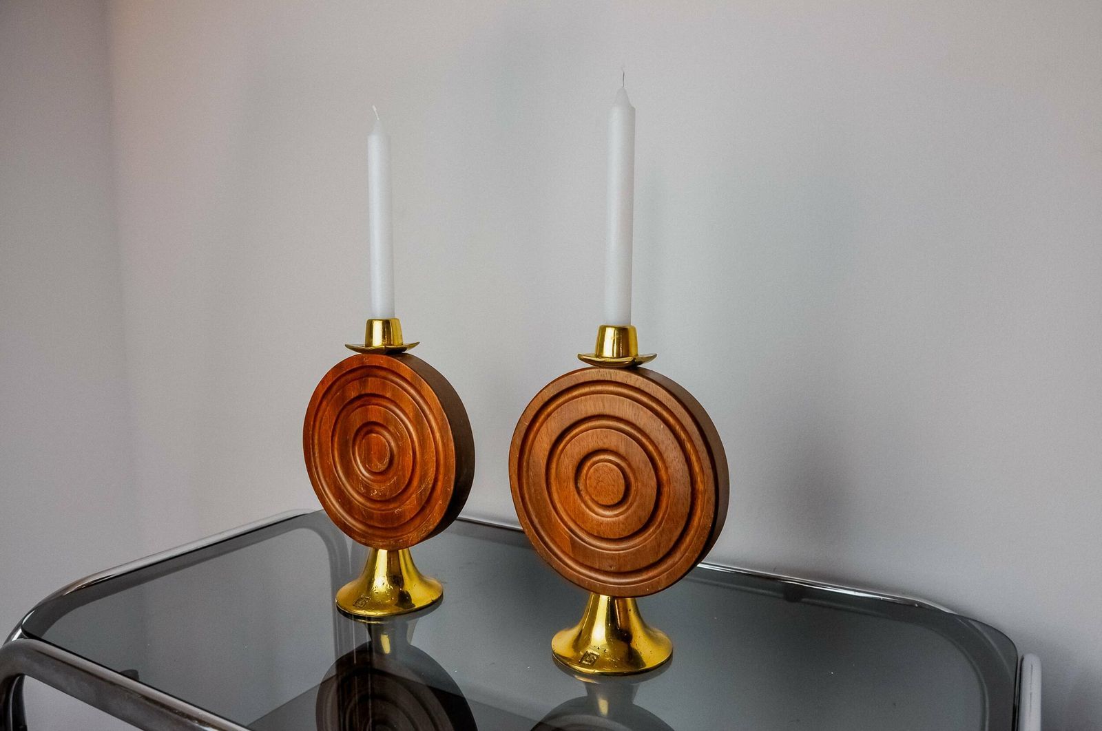 Pair Of Brutalist Candlesticks By Ardisur, Bronze And Wood, Spain, 1970 photo for sale