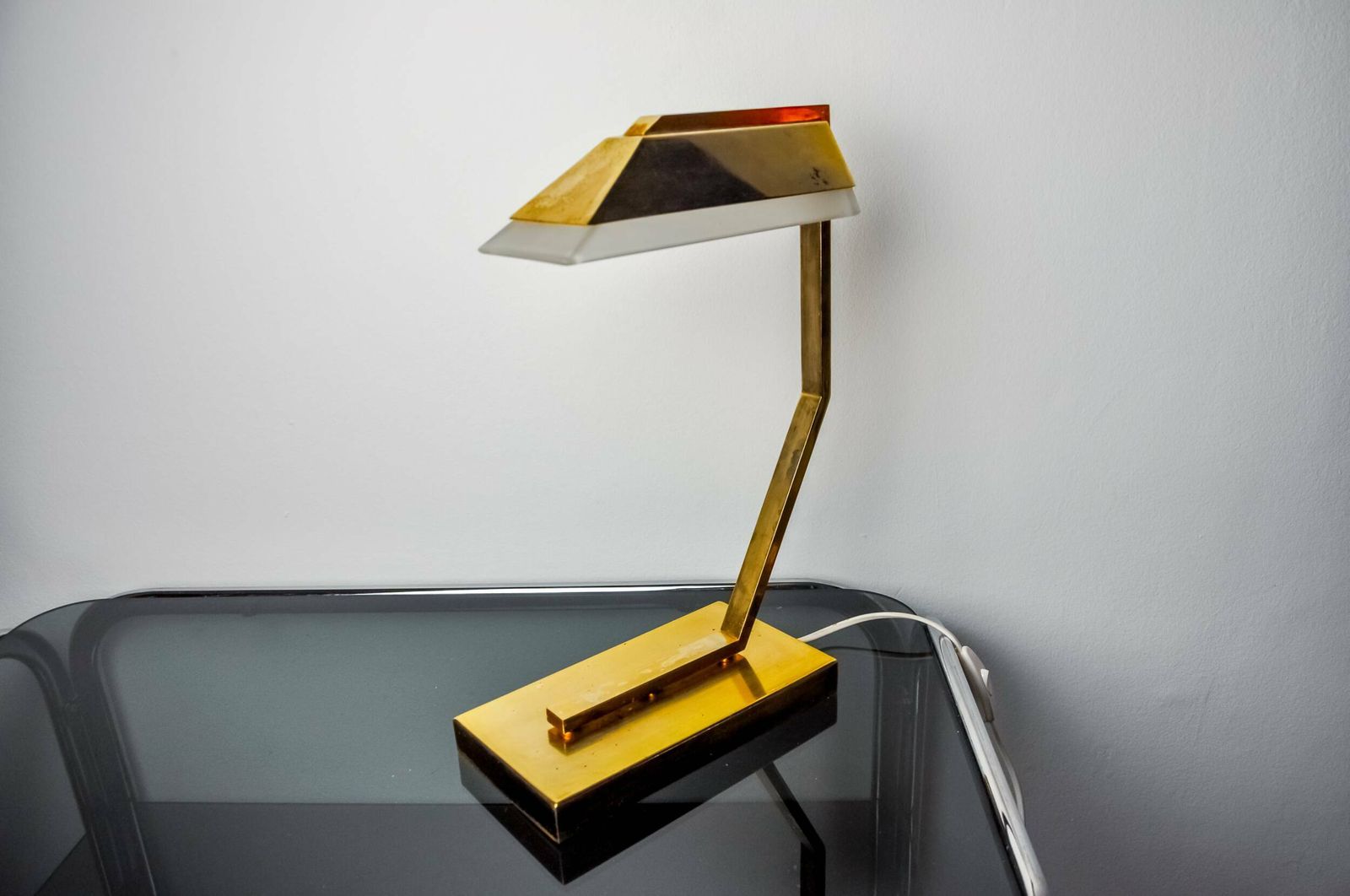 Geometric Art Deco Lamp, Brass And Smoked Glass, Spain, 1970 photo Lighting