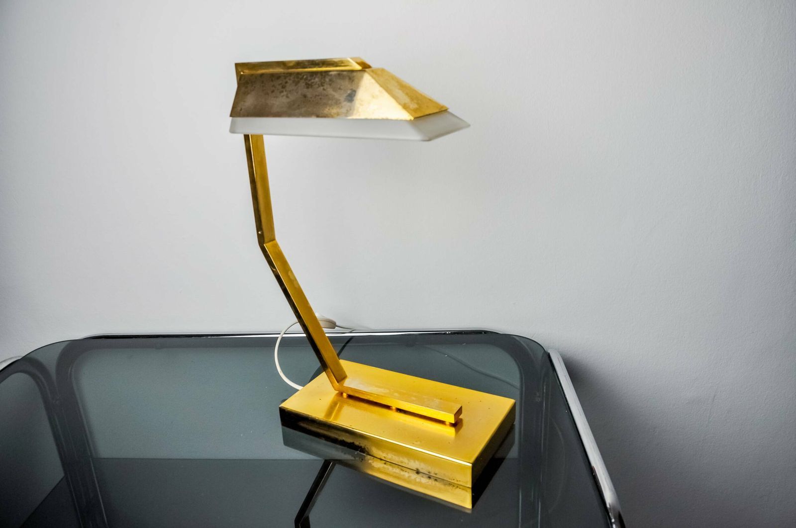 Geometric Art Deco Lamp, Brass And Smoked Glass, Spain, 1970 photo 810.0