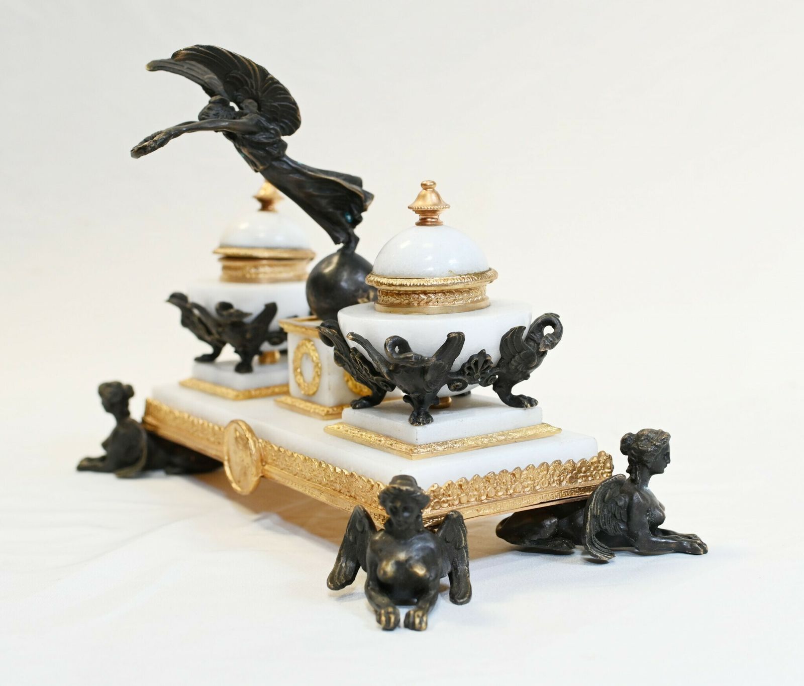 French Empire Marble Inkwell Bronze Sphinx Table photo furniture