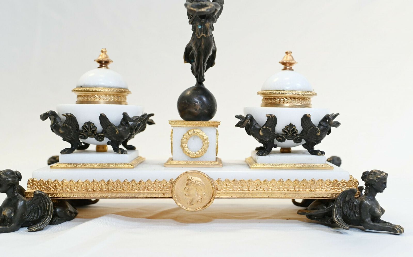 photo furniture French Empire Marble Inkwell Bronze Sphinx Table