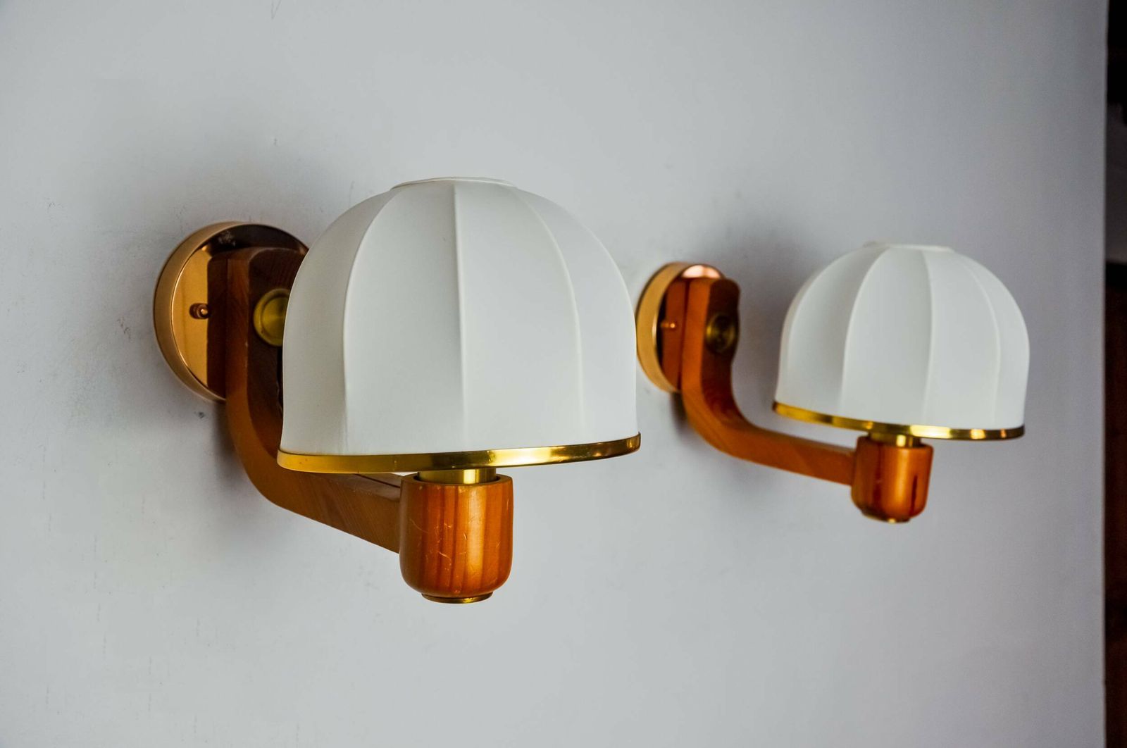 Pair Of Regency Wall Lights, Pine And Stretched Canvas, Italy, 1970 photo vintage