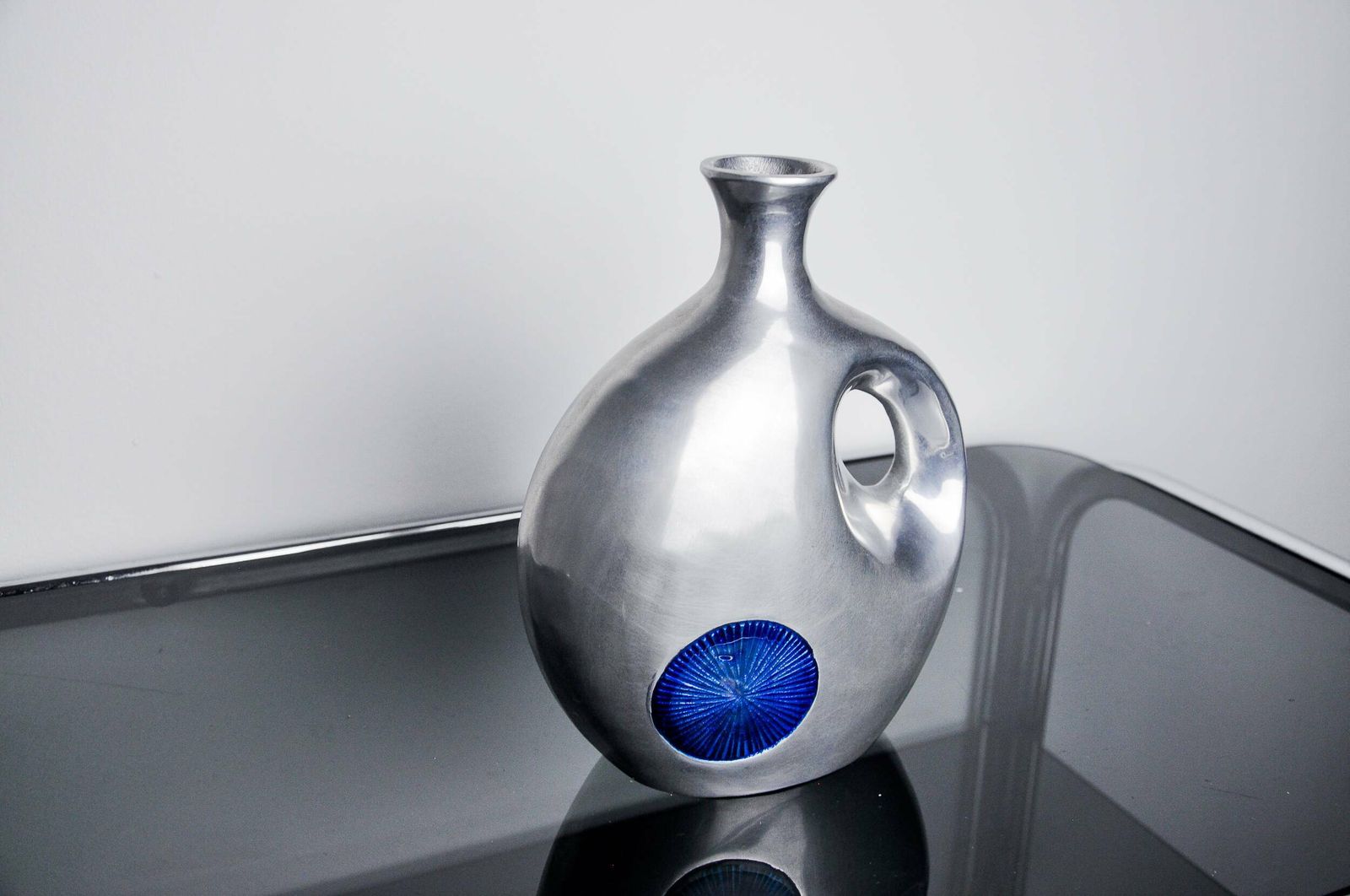 Biomorphic Vase By Art3, Aluminum And Blue Glazed Ceramic, Spain, 1980 photo vinterior