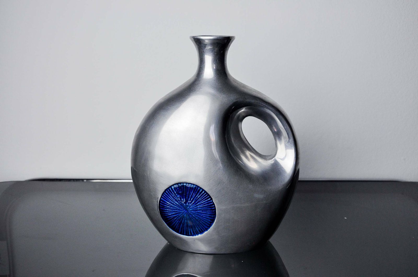 photo furniture Biomorphic Vase By Art3, Aluminum And Blue Glazed Ceramic, Spain, 1980