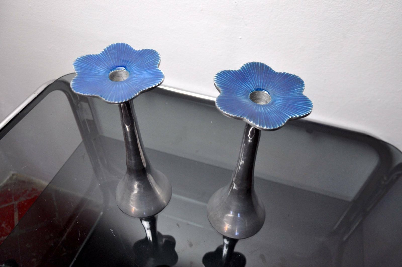 Pair Of Floral Candlesticks By Art3, Aluminum And Blue Enameled Ceramic, Spain, 1980 photo vintage