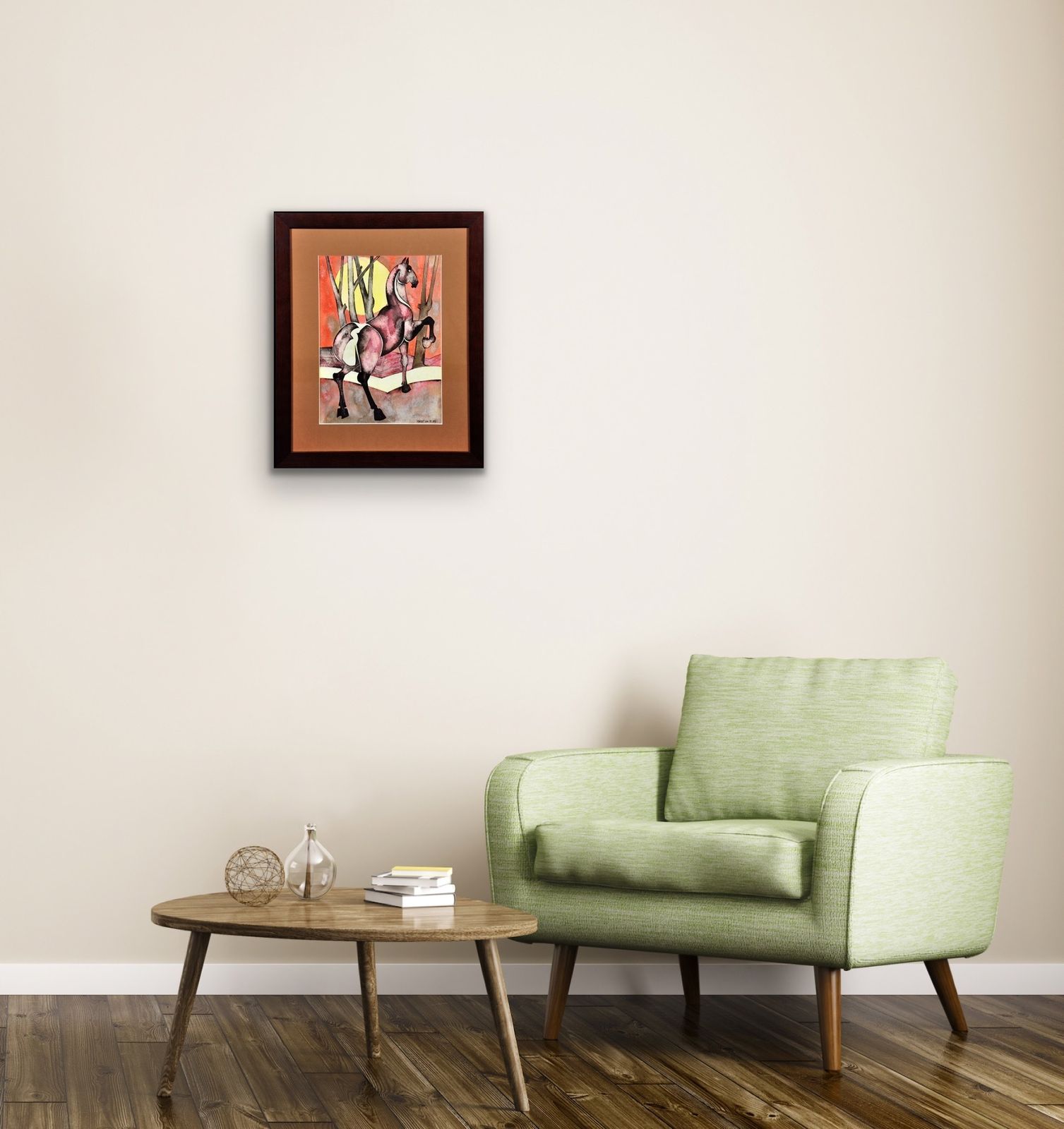 photo furniture Geoffrey Key B.1941. English. Horse With Rising Sun, 1989. Framed Watercolour And Ink On Paper. Modern British. Northern Art. Manchester. Salford.