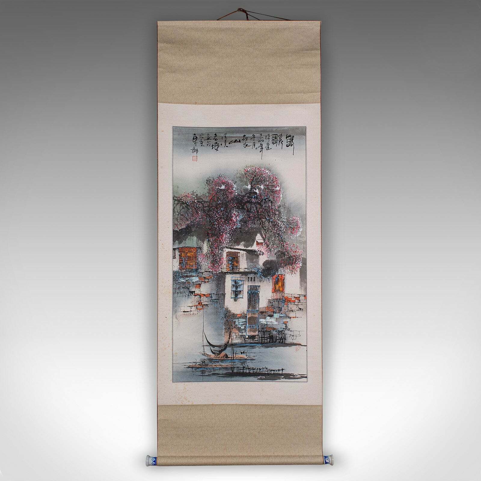 Tall Contemporary Ink Painting Scroll, Chinese, Silk Cotton, Ceramic, Wall Art photo furniture