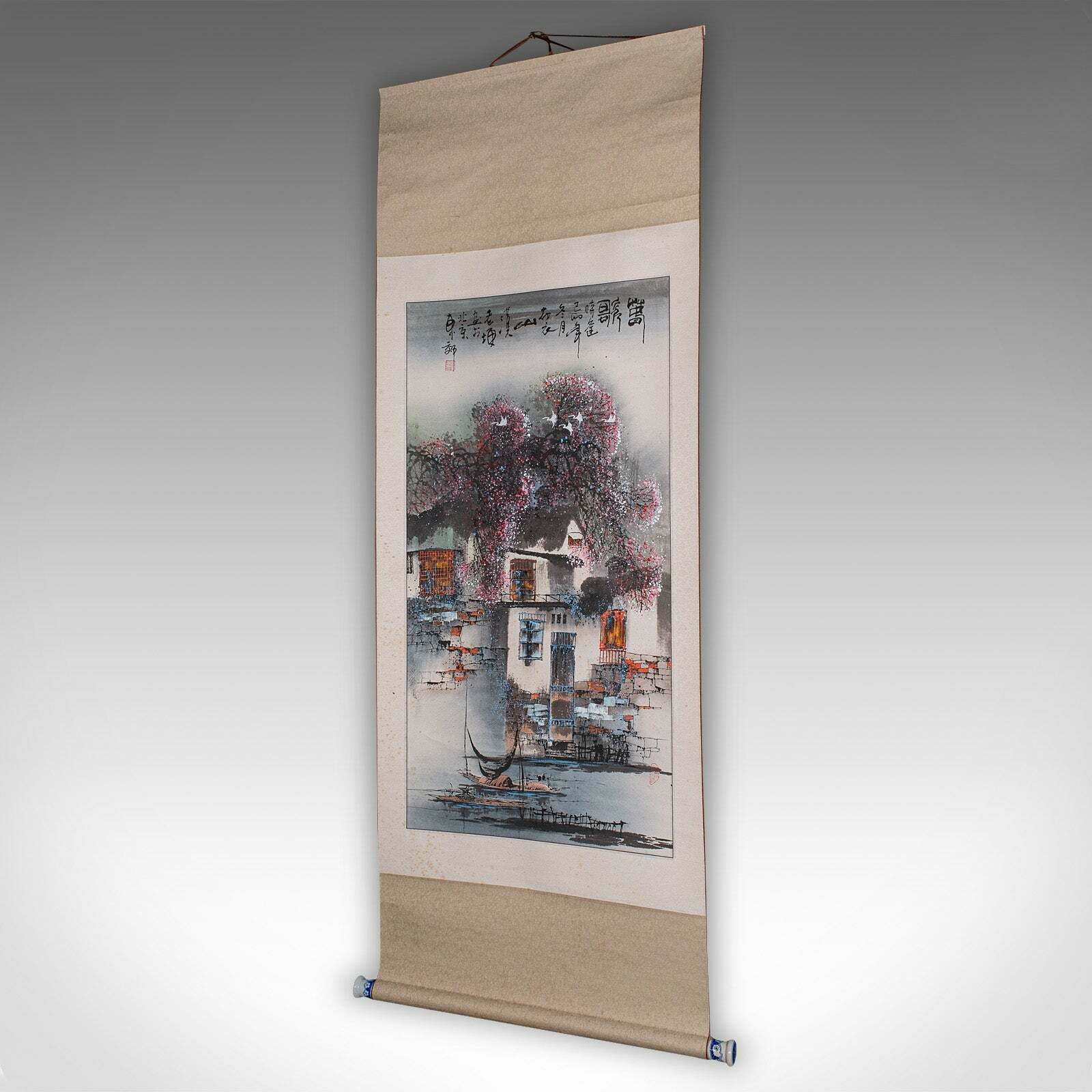 Tall Contemporary Ink Painting Scroll, Chinese, Silk Cotton, Ceramic, Wall Art photo for sale