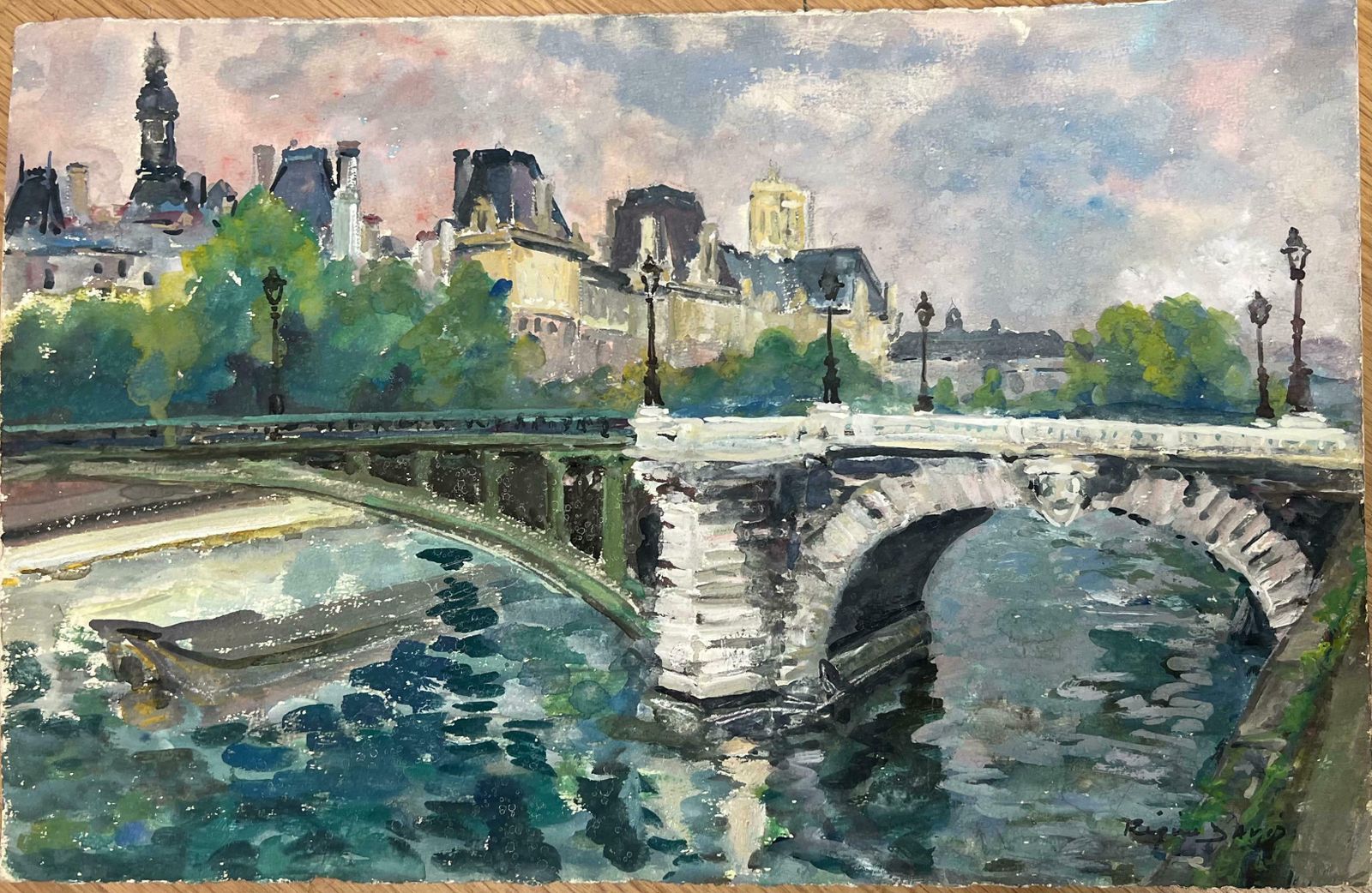 Regine Davidparis City Skyline River Seine Beautiful French Impressionist Painting1950's photo furniture