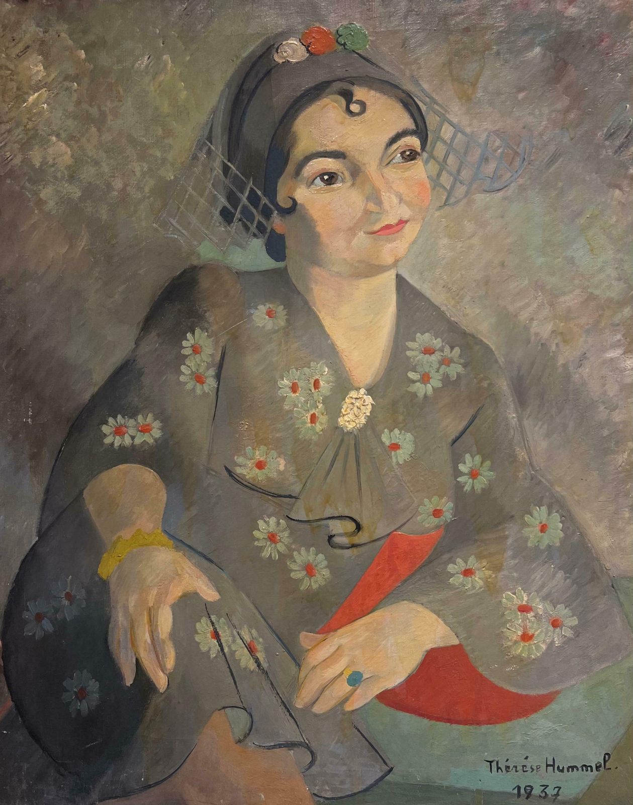 Therese Hummel1930's French Post Impressionist Oil Elegant Portrait Of Woman In Floral Attire1937