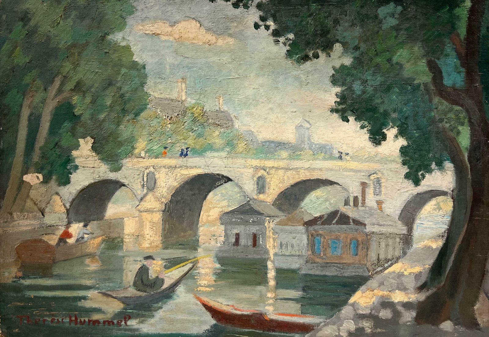 Therese Hummelmid 20th Century French Oil Riverside Scene With Figures Rowing And Stone Bridge1942