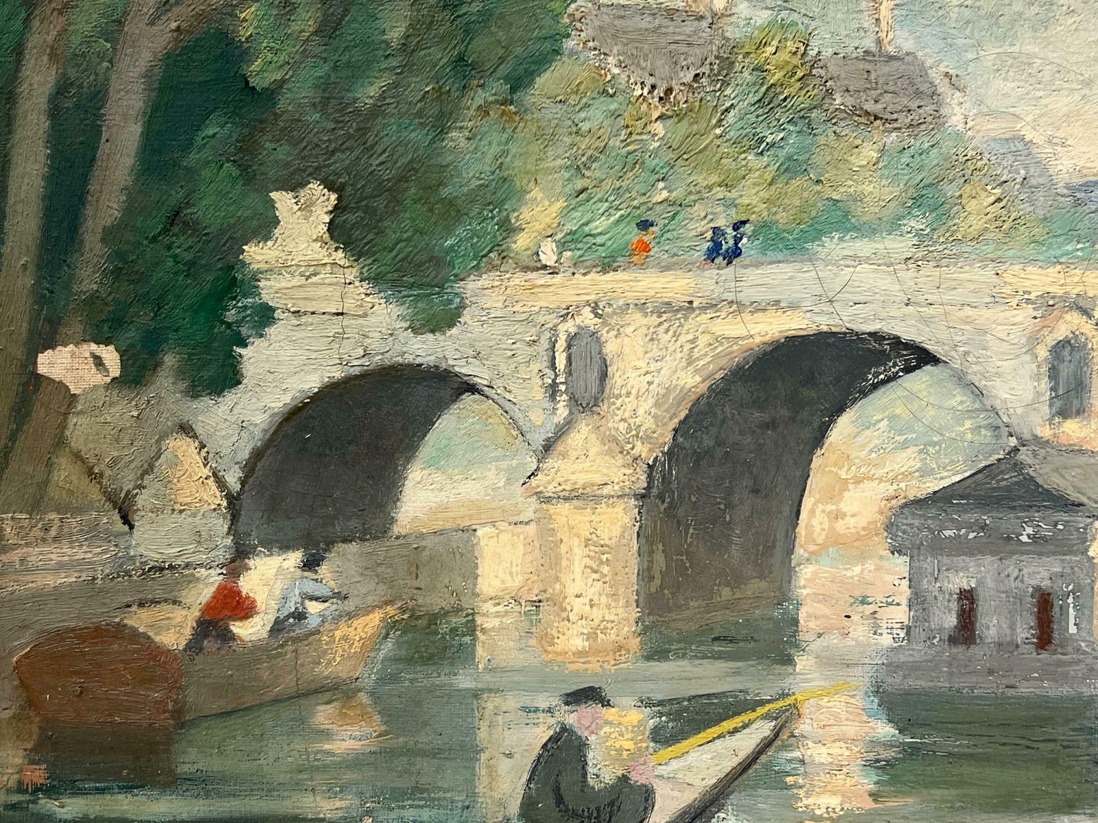 Therese Hummelmid 20th Century French Oil Riverside Scene With Figures Rowing And Stone Bridge1942 photo 916.0