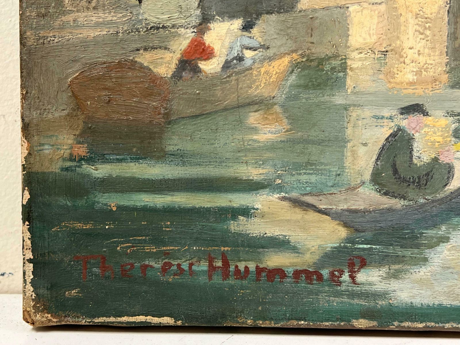 Therese Hummelmid 20th Century French Oil Riverside Scene With Figures Rowing And Stone Bridge1942 photo buy