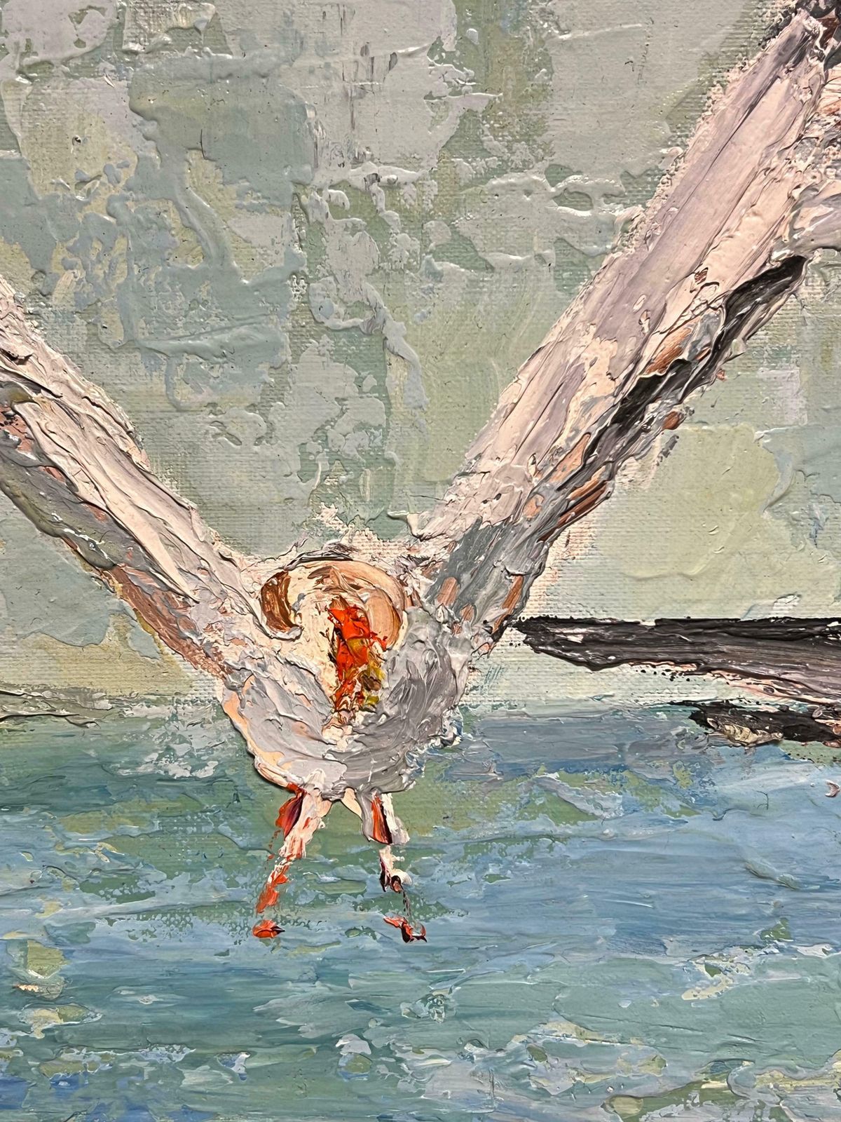French Schoollarge 1970's French Post Impressionist Oil Painting Seagulls Flying In Air 1970's photo vintage