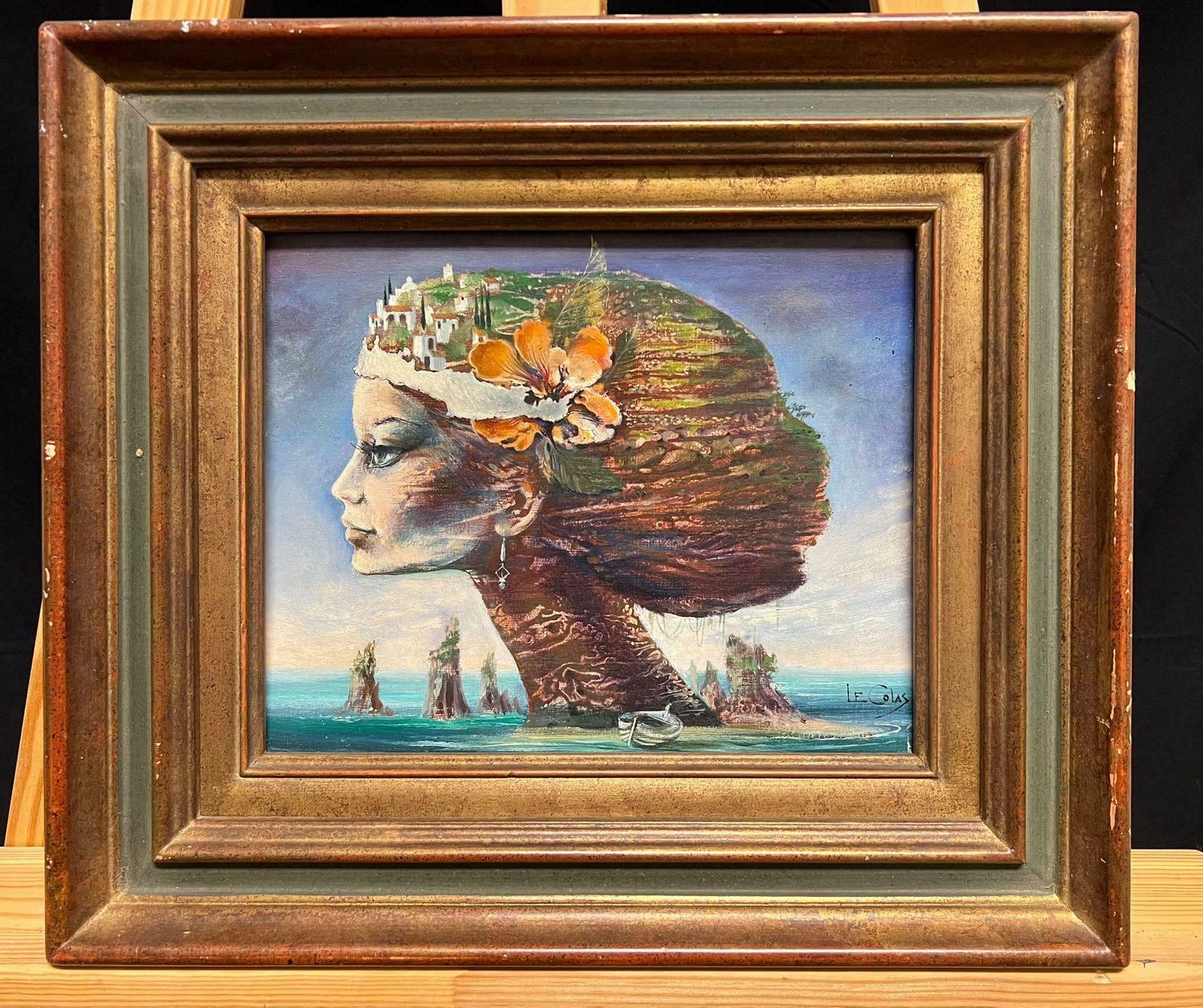 French Surrealist20th Century French Surrealist Portrait Of Woman With Landscape Hair Signed Oil20th Century photo furniture