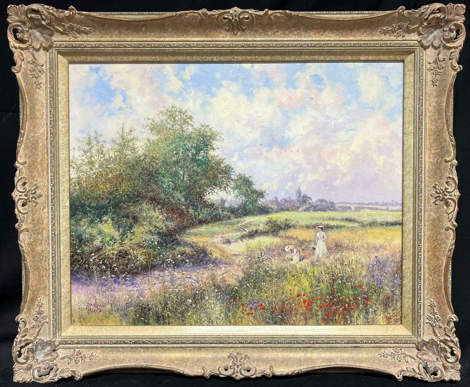 Paul Morganladies In Poppy Meadow Picking Wild Flowers Signed Impressionist Oil Painting20th Century