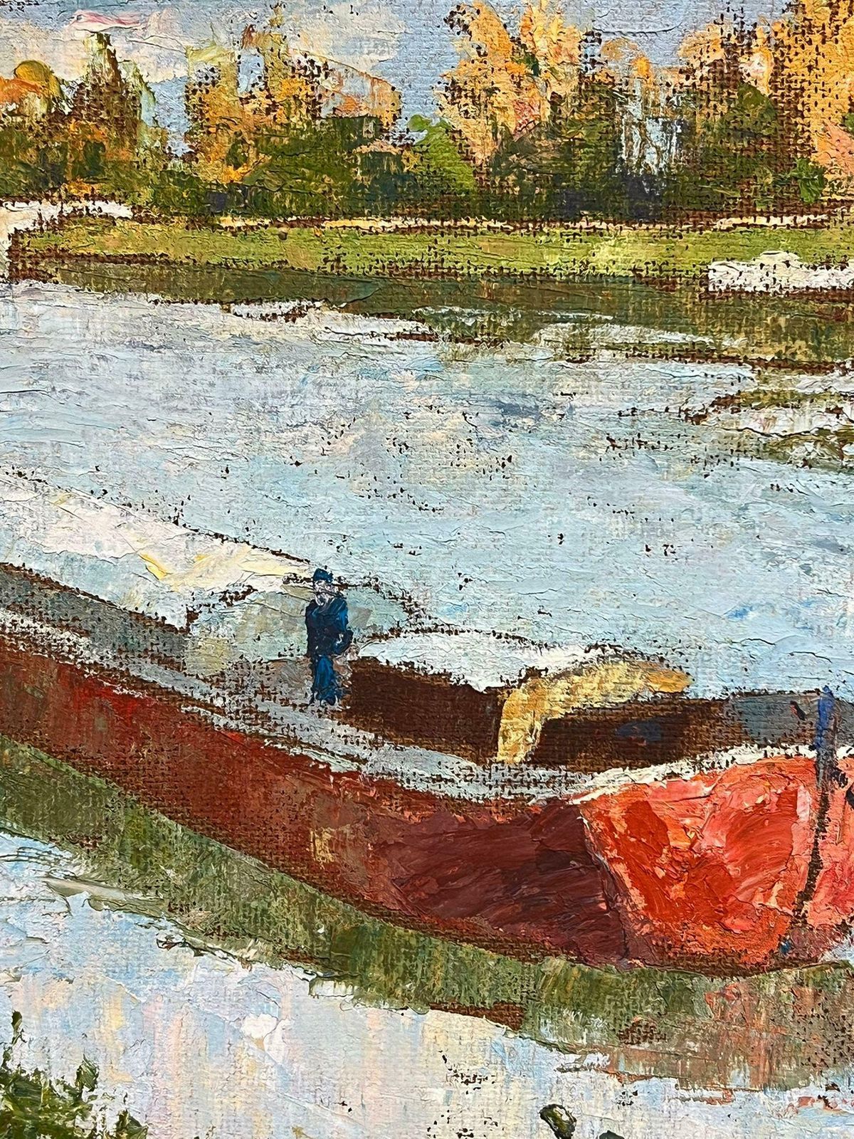 French Schoolmid 20th Century French Modernist Signed Oil River Scene With Red House Boat photo for sale